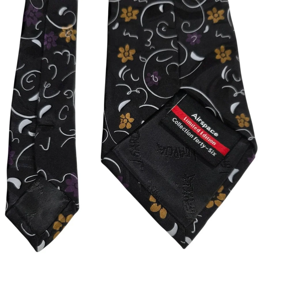J Garcia Mens Necktie Black Purple Floral Silk 'Airspace' Limited Edition Preppy